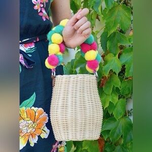 NWT halogen Colorful Pom Pom Woven wicker Basket Bag purse